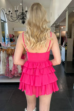 Pink Hot Pink Spaghetti Strap Tie Ruffled Mini Homecoming Dress