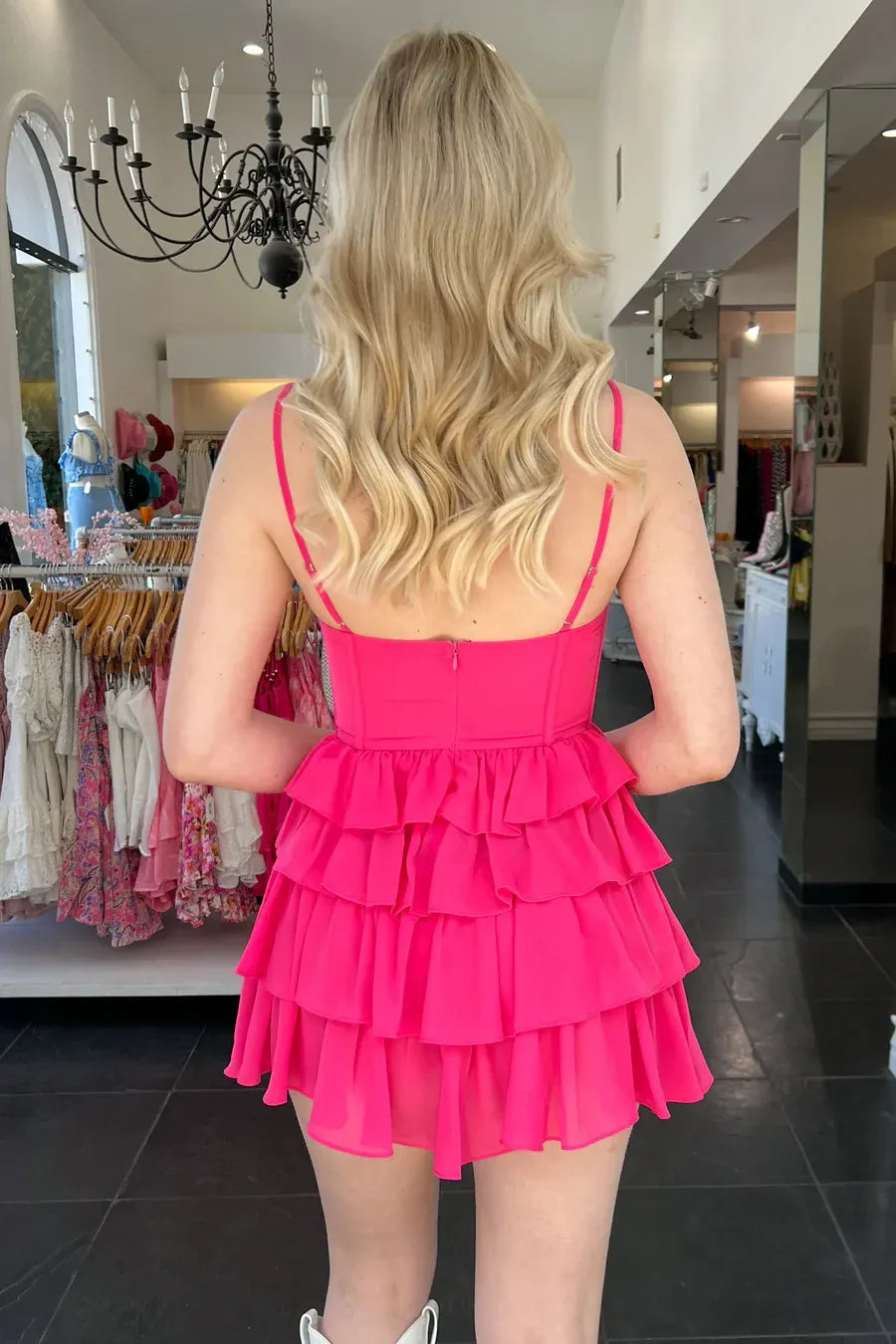 Pink Hot Pink Spaghetti Strap Tie Ruffled Mini Homecoming Dress