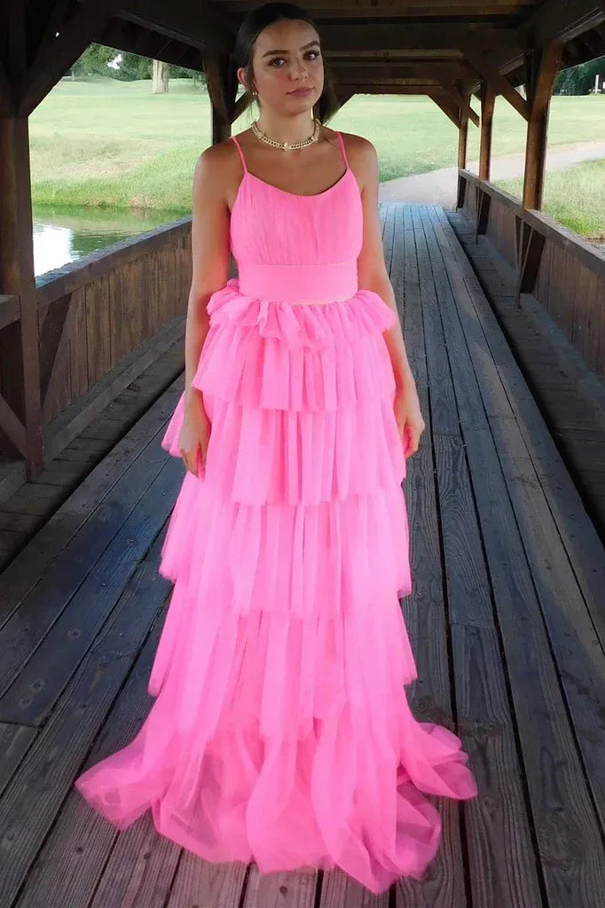 Pink Hot Pink Spaghetti Strap Tie Ruffled Gown