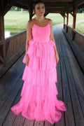 Pink Hot Pink Spaghetti Strap Tie Ruffled Gown