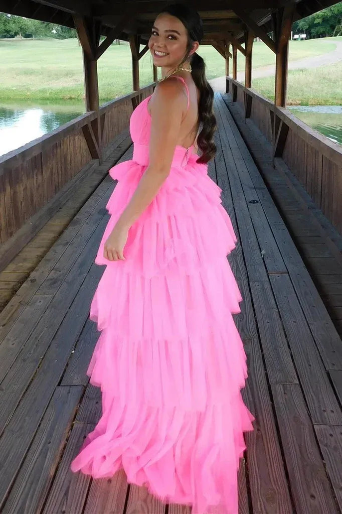 Pink Hot Pink Spaghetti Strap Tie Ruffled Gown