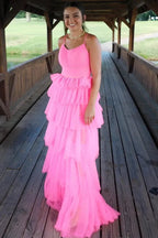 Pink Hot Pink Spaghetti Strap Tie Ruffled Gown