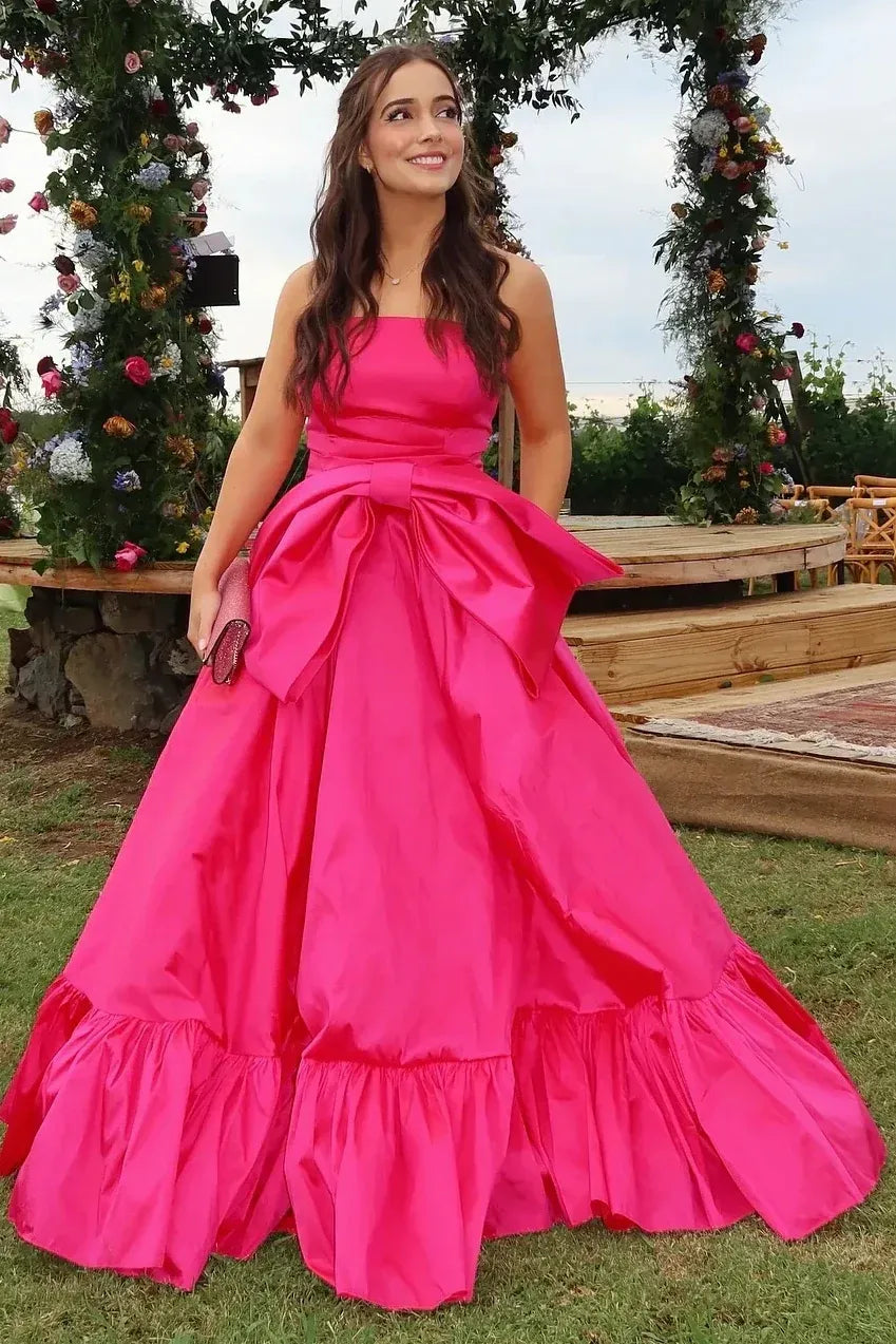 Pink Hot Pink Strapless Tie Ruffled Gown With Oversized Bow