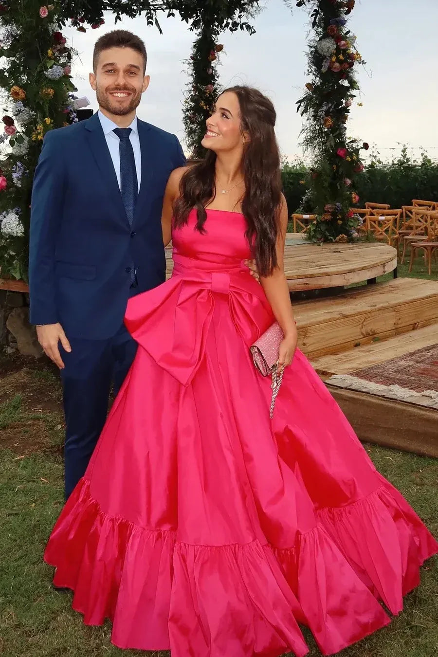 Pink Hot Pink Strapless Tie Ruffled Gown With Oversized Bow
