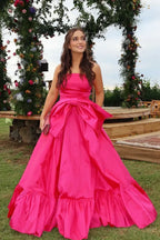 Pink Hot Pink Strapless Tie Ruffled Gown With Oversized Bow