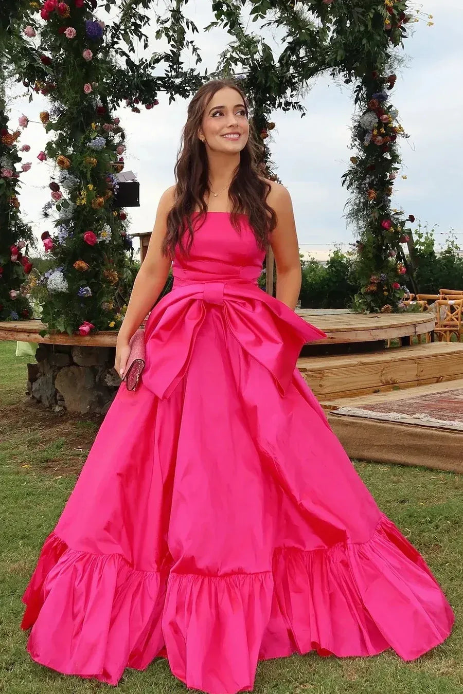 Pink Hot Pink Strapless Tie Ruffled Gown With Oversized Bow