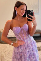 Lavender Strapless Tiered Ruffled Glitter Gown With Sheer Corset