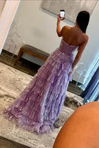 Lavender Strapless Tiered Ruffled Glitter Gown With Sheer Corset