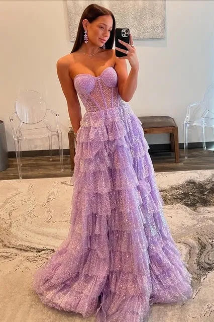 Lavender Strapless Tiered Ruffled Glitter Gown With Sheer Corset