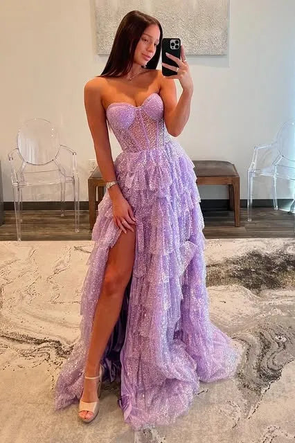 Lavender Strapless Tiered Ruffled Glitter Gown With Sheer Corset