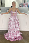 Metallic Spaghetti Strap Tiered Ruffled Gown With Cutout