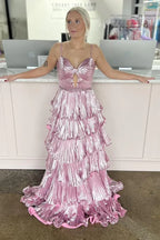 Metallic Spaghetti Strap Tiered Ruffled Gown With Cutout