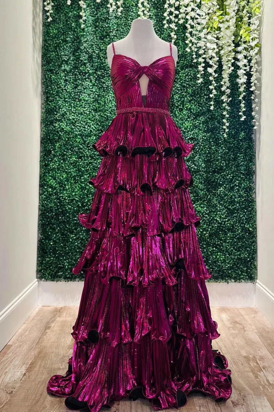 Metallic Spaghetti Strap Tiered Ruffled Gown With Cutout