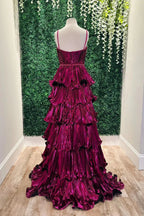 Metallic Spaghetti Strap Tiered Ruffled Gown With Cutout