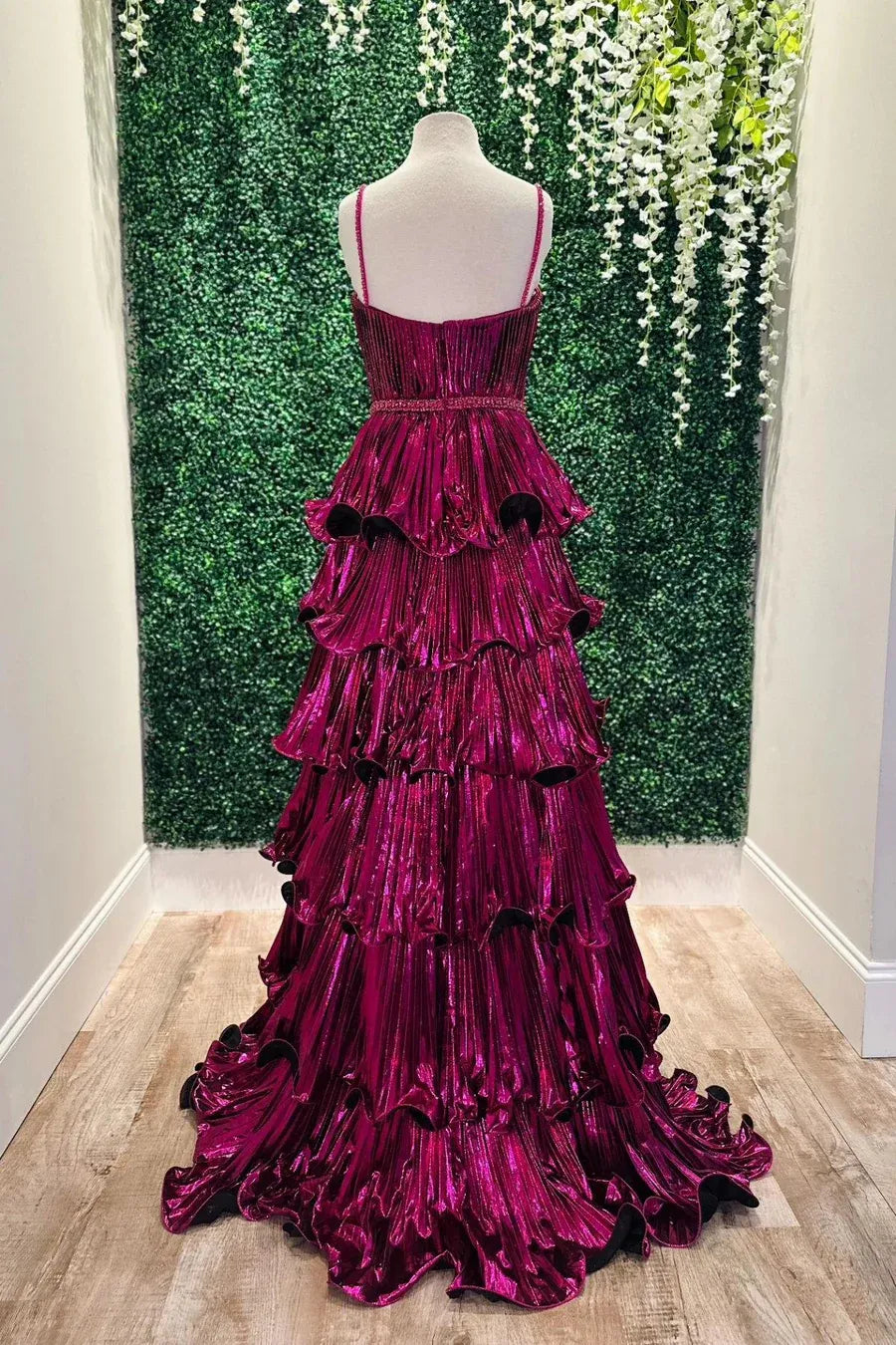Metallic Spaghetti Strap Tiered Ruffled Gown With Cutout