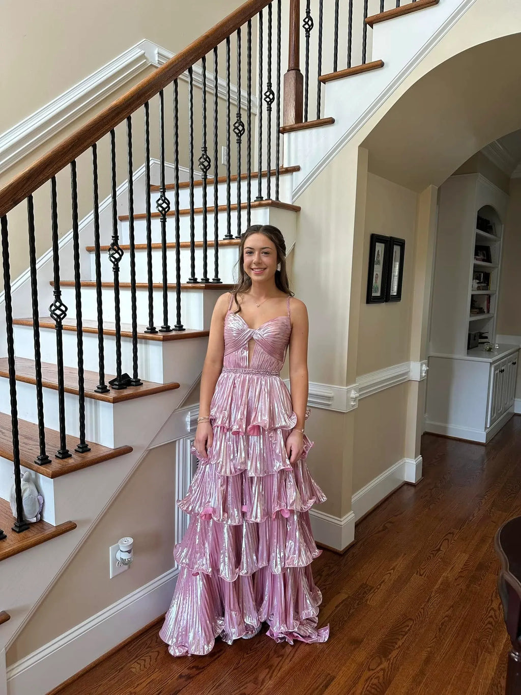 Metallic Spaghetti Strap Tiered Ruffled Gown With Cutout