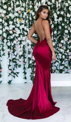 Glamorous Mermaid Deep V Neck Lace Applique Burgundy Train Evening Dress For Sale