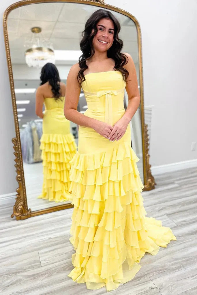 Mermaid Empire Strapless Tiered Ruffle Prom Gown