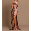 Glamorous Mermaid Halter-Neck Sleeveless Ruched Champagne Floor-Length Prom Dress For Women