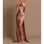Glamorous Mermaid Halter-Neck Sleeveless Ruched Champagne Floor-Length Prom Dress For Women