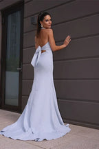 Glamorous Mermaid Halter Bow Back Sky Blue Maxi Prom Dress For Sale