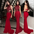 Glamorous Mermaid Halter Lace Cutout Burgundy Train Prom Dress For Female Guests