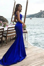 Glamorous Mermaid Halter Neck Cutout Royal Blue Floor-Length Evening Dresses