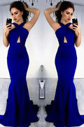 Glamorous Mermaid Halter Neck Cutout Royal Blue Floor-Length Evening Dresses