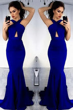 Glamorous Mermaid Halter Neck Cutout Royal Blue Floor-Length Evening Dresses