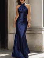 Glamorous Mermaid Halter Neck Ruched Navy Floor-Length Evening Dresses