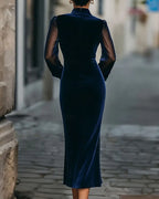 Glamorous Mermaid High-neck Long-sleeve Sheer-panel Navy Blue Velvet Midi Evening Dress for Women Hot Sale