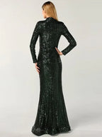 Glamorous Mermaid High-neck Long-sleeve Sequined Black Floor-length Prom Dress for Women Hot Sale