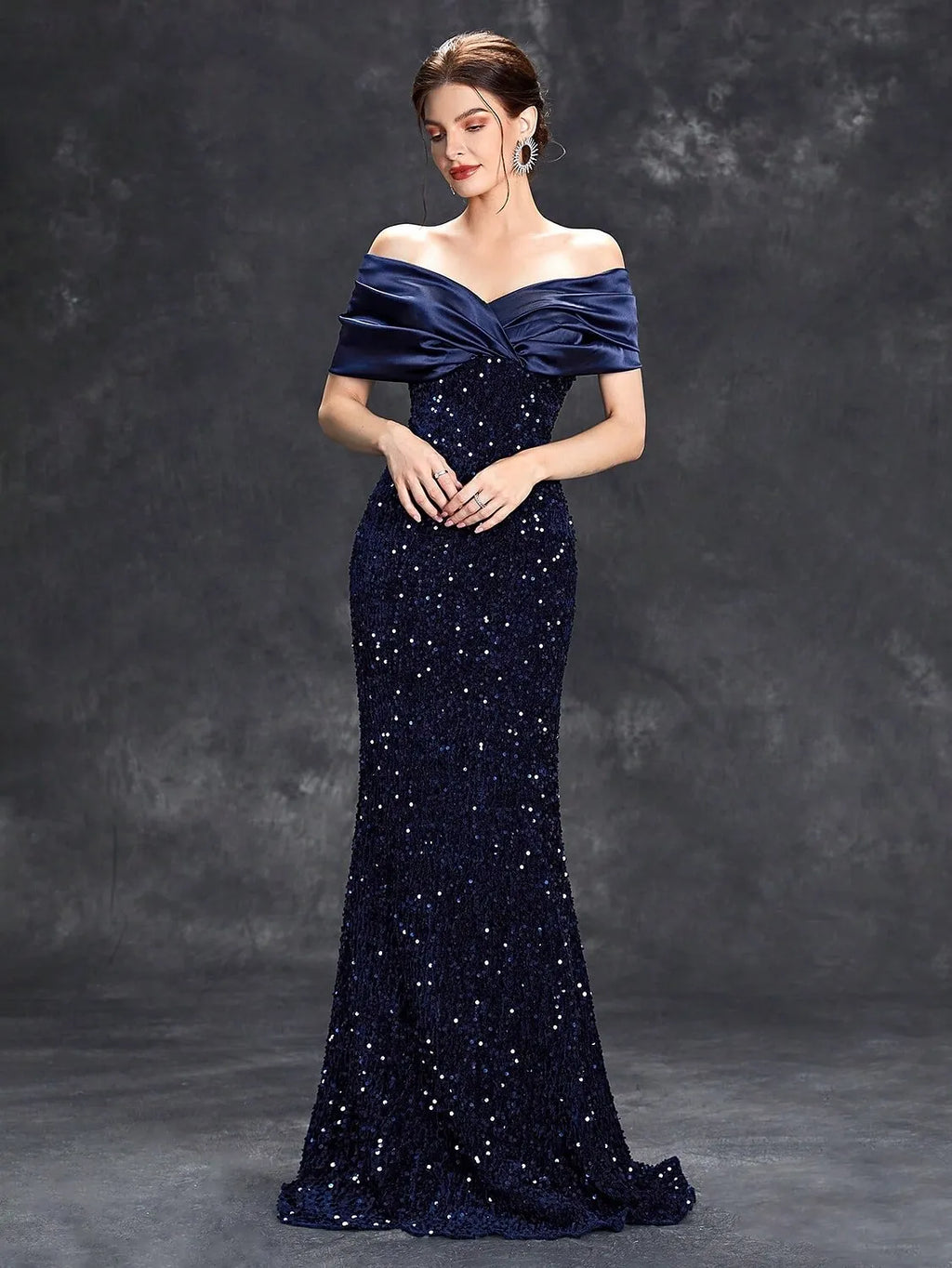 Glamorous Mermaid Off-Shoulder Sleeveless Sequin Navy Blue Long Prom Dress For Women Ready To Ship