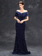 Glamorous Mermaid Off-Shoulder Sleeveless Sequin Navy Blue Long Prom Dress For Women Ready To Ship