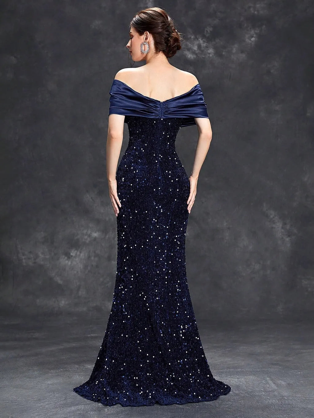 Glamorous Mermaid Off-Shoulder Sleeveless Sequin Navy Blue Long Prom Dress For Women Ready To Ship