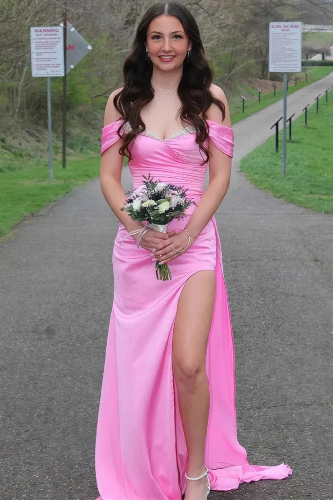 Mermaid Off Shoulder Beaded Lace-up Slit Prom Gown
