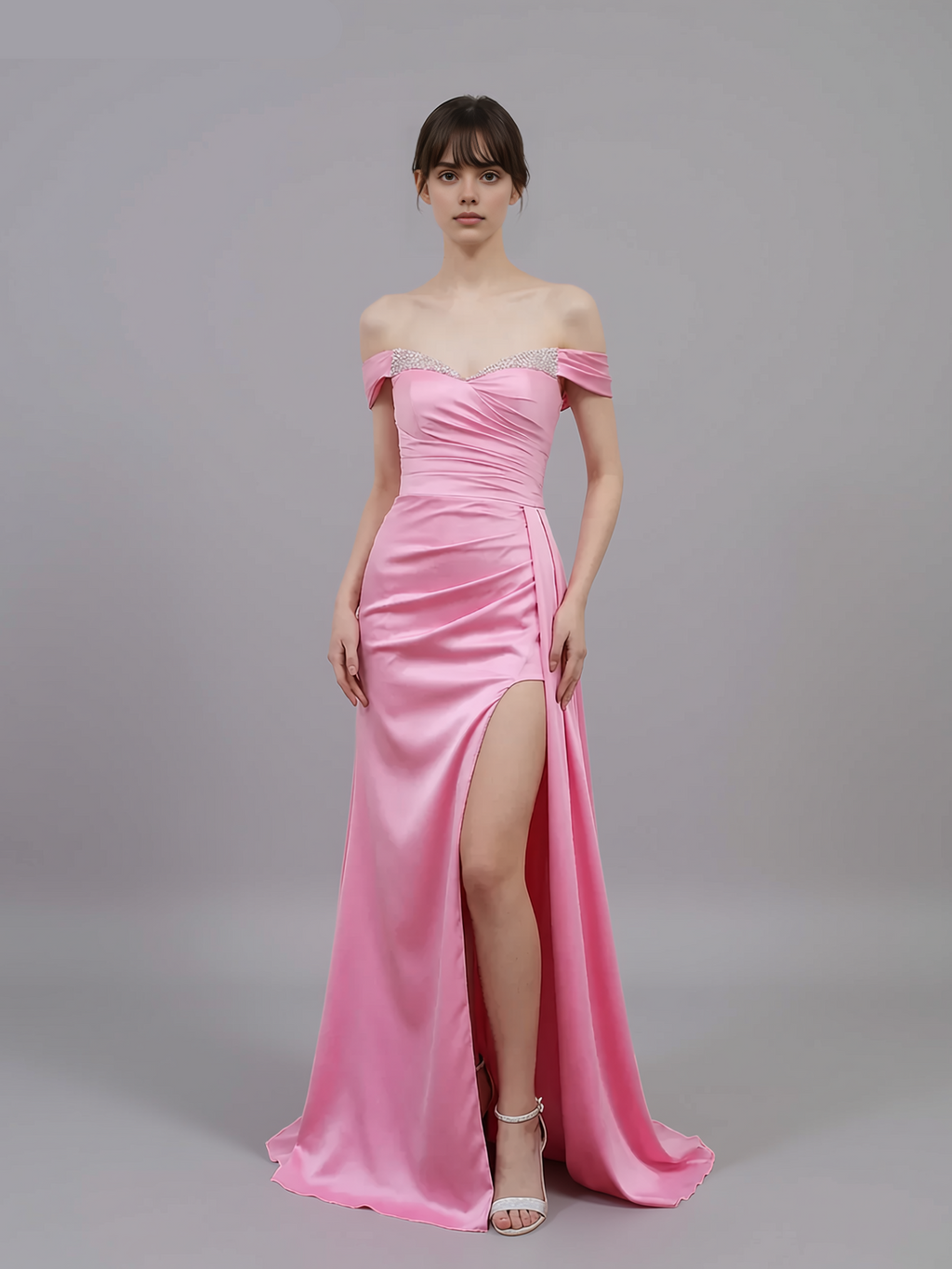 Mermaid Off Shoulder Beaded Lace-up Slit Prom Gown