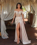 Glamorous Mermaid Off Shoulder Corset Beaded Champagne Train Prom Dress For Women For Sale