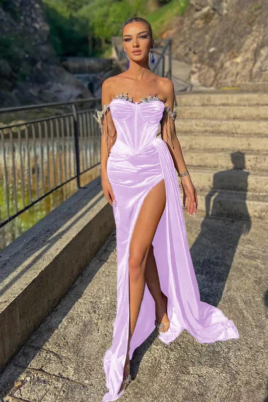 Glamorous Mermaid Off Shoulder Crystal Embellished Ruched Indigo Train Evening Dress Buy