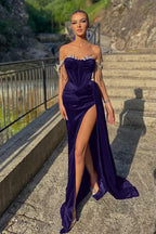 Glamorous Mermaid Off Shoulder Crystal Embellished Ruched Indigo Train Evening Dress Buy