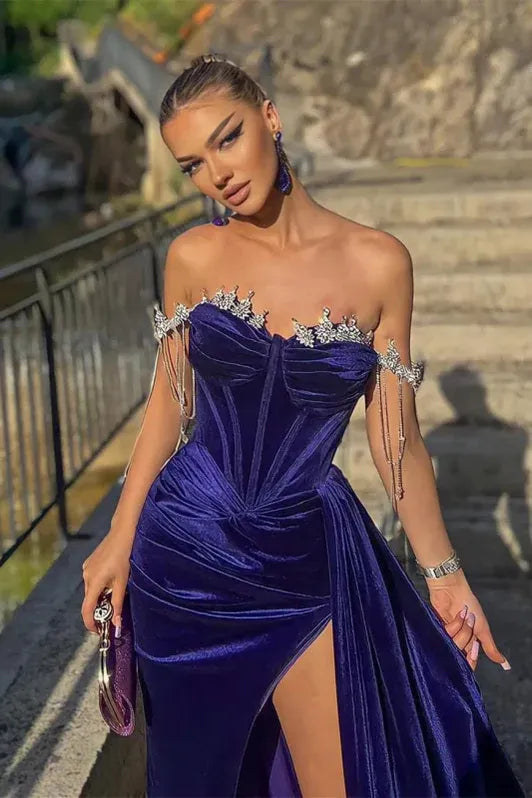 Glamorous Mermaid Off Shoulder Crystal Embellished Ruched Indigo Train Evening Dress Buy