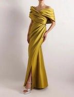 Glamorous Mermaid Off Shoulder Ruched Slit Olive Floor Length Prom Dress Hot Sale