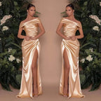Glamorous Mermaid Off Shoulder Ruched Slit Champagne Floor Length Prom Dress For Women Buy