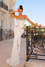 Glamorous Mermaid Strapless Sleeveless Rhinestones White Maxi Evening Dress for Women Custom