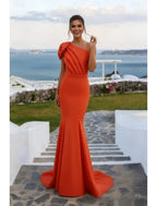Glamorous Mermaid One Shoulder Ruched Orange Train Prom Dress Hot Sale