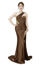 Glamorous Mermaid One Shoulder Cape Beaded Brown Floor-Length Prom Dress For Women