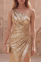 Mermaid Prom Dress One Shoulder Sequin Gold Maxi With Ruched Bodice And Slit For Prom Night Red Carpet Glam