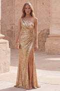 Mermaid Prom Dress One Shoulder Sequin Gold Maxi With Ruched Bodice And Slit For Prom Night Red Carpet Glam
