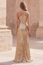 Mermaid Prom Dress One Shoulder Sequin Gold Maxi With Ruched Bodice And Slit For Prom Night Red Carpet Glam