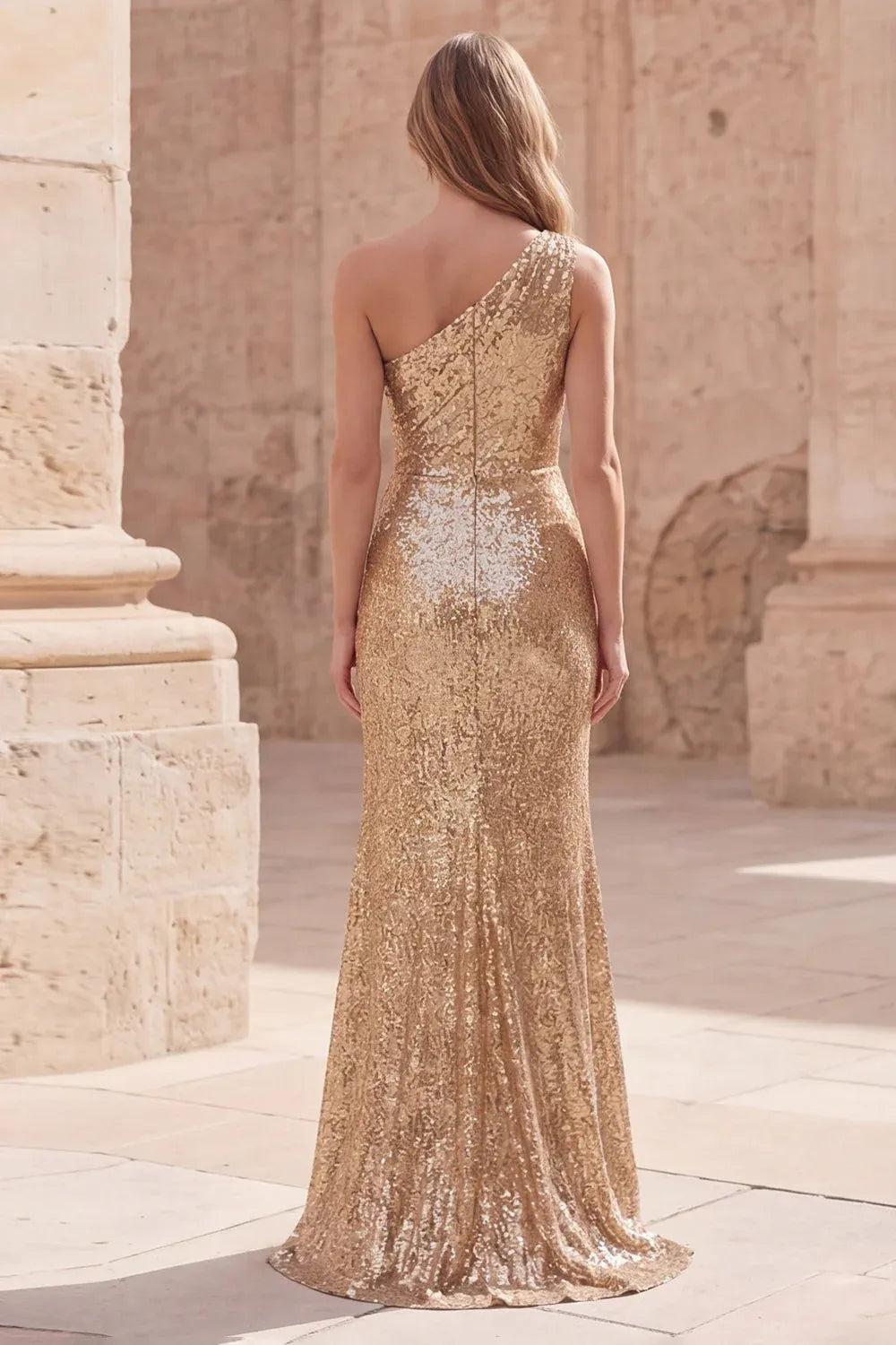 Mermaid Prom Dress One Shoulder Sequin Gold Maxi With Ruched Bodice And Slit For Prom Night Red Carpet Glam